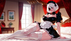 1girl 2b_(nier:automata) ai_generated alternate_costume apron balecxi blindfold cleavage curtains dress enmaided garter_straps indoors large_breasts maid maid_headdress mole mole_under_mouth nier:_automata nier_(series) puffy_sleeves short_hair solo thick_thighs white_hair white_thighhighs yorha_2b