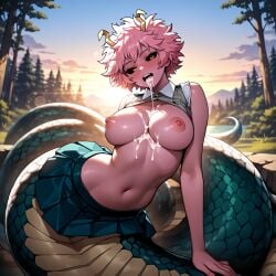 1female 1girl after_blowjob after_fellatio after_oral after_sex ai_generated ashido_mina bare_breasts bare_chest big_breasts boku_no_hero_academia breasts breasts_out cum cum_in_mouth cum_on_body cum_on_breasts female_focus female_only forest forest_background lamia leaking_cum mina_ashido miniskirt monster_girl mouth mouth_open my_hero_academia mythological_scalie pink_body pink_hair pink_nipples seductive seductive_look snake_girl snake_tail