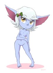 1girls 2015 bandlebro belly big_ears big_eyes blue_skin breasts claws eye_contact feet female hair_ornament league_of_legends looking_at_viewer navel nude pose pussy sharp_toenails short_hair simple_background small_breasts solo standing text tristana watermark white_background white_hair yellow_eyes yordle