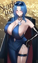 1girl absurdres bare_shoulders black_coat black_gloves blue_dress blue_eyes blue_hair blush breasts choker cleavage coat coat_on_shoulders collarbone commentary dp-12_(girls'_frontline) dress elbow_gloves english_commentary evening_gown girls'_frontline girls'_frontline_2:_exilium gloves helen_(girls'_frontline_2) helen_(starlit_waltz)_(girls'_frontline_2) highres huge_breasts jewelry long_hair multicolored_hair necklace parted_bangs pelvic_curtain smile solo streaked_hair tamanegi20 thigh_strap thighs white_hair