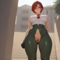 1girls ai_generated big_breasts big_tits clothed clothed_female huge_breasts king_of_fighters light-skinned_female light_skin looking_at_viewer pale-skinned_female pale_skin pants pussy red_eyes red_hair shirt short_hair thick tight_pussy undressing vanessa_(kof) white_shirt