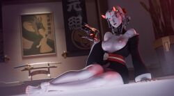 1girls 3d areolae blizzard_entertainment breasts female female_only nipples overwatch overwatch_2 red_eyes robot_girl shibarademu shion_(overwatch) solo white_body white_hair