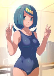 1girls blue_eyes blue_hair blue_swimsuit breasts double_peace_sign e_keroron female female_only game_freak hair hips lana's_mother_(pokemon) mature mature_female mature_woman medium_breasts milf mother one-piece_swimsuit peace_sign pokemon pokemon_sm smile solo solo_female swimsuit swimwear thighs