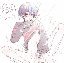 aoyagi_touya blue_hair blushed_face blushing cellphone colored cuntboy cuntboy_focus cuntboy_only feeling_pleasured fingering_male fingering_self legs_apart masturbation pantless phone_call phone_sex project_sekai sweater talking_to_partner touching_pussy two-tone_hair