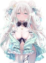 1girl ame_usari armband bikini bikini_bottom bikini_top blush breasts breasts_out bun coat collar detached_collar frilled_armband frilled_bikini frilled_collar frills gray_hair highres medium_breasts nipples open_bikini open_bikini_top open_coat original sea silver_hair simple_background straight_hair tied_hair twin_buns twintails water wet wet_body wet_breasts white_hair