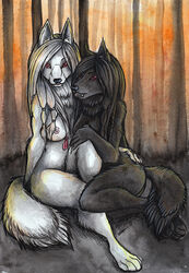 black_fur black_hair breasts canine duo fangs female forest looking_at_viewer mammal nude red_eyes shiverz white_fur white_hair wolf yuri