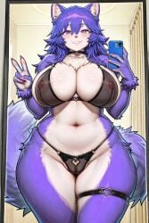 ai_generated bra breasts breasts_bigger_than_head cleavage female female_only furry furry_ears furry_female furry_tail huge_breasts huge_thighs mirror mirror_selfie panties peace_sign purple_fur purple_hair pussy slim_waist smiling smiling_at_viewer snapperai thick_thighs thighs wide_hips