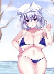 1girl 1girls bare_legs bare_shoulders bare_thighs bare_tree belly belly_button big_breasts bikini bikini_bottom bikini_only bikini_pull bikini_top bikini_top_pull blue_bikini blue_eyes blurred_background blurry blurry_background blush blush_lines blushing blushing_at_viewer bra cleavage clothes_pull cowboy_shot fog foggy foggy_background forest grey_hair half-closed_eyes hand_on_hip hand_on_own_hip hat huge_breasts kujou_mikuru lapel_pin large_breasts letty_whiterock light_blush looking_at_viewer navel open_mouth outdoors panties peace_sign plump plump_breasts plump_thighs pulling_own_clothes river short_hair skeb_commission skindentation snow snowing sole_female solo solo_female solo_focus stomach swimsuit swimwear thick_thighs touhou tree white_hair white_hat wide_hips wide_thighs winter youkai