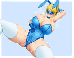 1girls areola_slip big_thighs blonde_hair blue_eyes blush bunny_ears bunny_ears_headband bunnysuit cameltoe cleavage commission deepspace detached_collar eyes_rolling_back female female_only hand_behind_head huge_breasts hypnoroxa hypnotic_visor hypnotized masturbation masturbation_through_clothing metroid mole mole_under_mouth neck_ribbon nintendo pussy_juice samus_aran solo spiral_eyes squirting squirting_through_clothes thick_thighs thighhighs white_thighhighs wide_hips