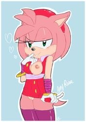 amy_rose amy_rose_(boom) anthro areola bluechika blush breasts clothing female gloves hair heart looking_at_viewer nipples pink_hair pussy simple_background smile solo sonic_(series) sonic_boom teasing undressing video_games