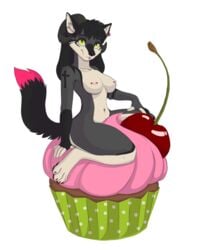 alpha_channel anthro black_fur black_hair black_nose breasts canine cherry cross cupcake ear_piercing facial_piercing female food fruit fur green_eyes grey_fur hair horn kneeling little.sparrow looking_at_viewer mammal micro multicolored_fur navel navel_piercing nipple_piercing nipples nude piercing pink_fur simple_background solo tan_fur tattoo tempesta_(scarywoof) transparent_background wolf