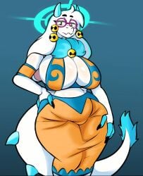 angela_flux_(kiseff) anthro atlyss bell blue_fur captain_dagon cleavage clothed color female_only furry_female glasses huge_breasts kubold_(atlyss) long_tail looking_at_viewer necklace snout solo_female thick_thighs tight_clothing voluptuous_female white_body white_hair wide_hips