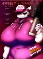 2026 advertisement artist_name bow breasts_bigger_than_head chubby chubby_female cigar color eyelashes feline hat hello_kitty hello_kitty_(character) hello_kitty_(series) hi_res holding_object honey_play_box hoodie huge_breasts looking_at_viewer napstasoul pink_background product_placement promotion promotional_art promotional_material self_upload smoking smug teeth white_body