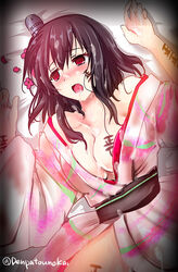 black_hair blush body_writing breasts cum cum_on_body cum_on_clothes cum_on_upper_body empty_eyes hair_ornament japanese_clothes kantai_collection kimono kimura_shuuichi long_hair lying off_shoulder on_back open_mouth petals red_eyes tally yamashiro_(kantai_collection) yukata