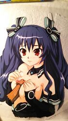 black_hair breast_squeeze breasts dark-skinned_male female gloves hair_ornament hasamimushi highres long_hair naizuri neptunia_(series) nipples open_mouth paizuri penis photo_(medium) red_eyes straight tears traditional_media uni_(neptunia)