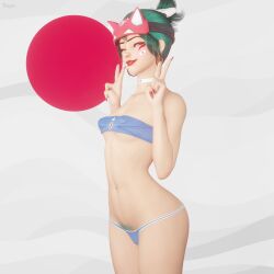 1girls 3d blizzard_entertainment boob_tube choker clothing earrings female female_only green_hair hi_res highres japanese japanese_female kiriko_(overwatch) light-skinned_female navel overwatch overwatch_2 panties peace_sign pubic_hair red_lipstick red_nails solo solo_female solo_focus teapie