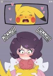 1boy 1girls 1pokemon 2d bestiality blowjob blush color fellatio heart_symbol knot notkadraw pikachu pokephilia wicke_(pokemon) zoophilia