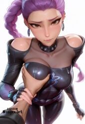 1boy 1girl ai_generated artist_name bare_shoulders black_gloves blush bodysuit braid braided_ponytail breast_grab breasts brown_eyes closed_mouth clothing_cutout collar collarbone ear_piercing earrings fingerless_gloves forehead gloves grabbing guided_breast_grab guiding_hand hetero holding_another's_wrist jewelry kpop_demon_hunters lips long_braid long_hair looking_at_viewer medium_breasts netflix nuageeart piercing pov pov_hands purple_hair questionable rumi_(kpop_demon_hunters) shoulder_cutout simple_background single_braid skin_tight solo_focus sony_pictures spiked_collar spikes sweat white_background