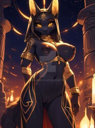 ai_generated anthro anubian_jackal bedroom_eyes canine female female_focus female_only gold_jewelry jackal naked naked_anthro naked_female nipples nude nude_anthro nude_female presenting presenting_pussy pussy