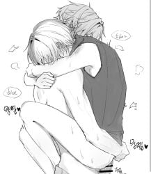 anal_penetration anal_sex aoyagi_touya arms_around_neck black_and_white blushing fucked_from_below gay_sex hiding_face holding_partner making_love male/male partners penetrated_male penetrating_ass penetration project_sekai shinonome_akito shirtless_male sleeveless_shirt thrusting_into_ass