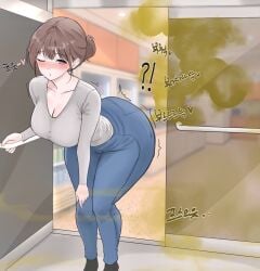 big_ass big_breasts brown_hair enjoying_farting fart fart_cloud fart_fetish farting heart huge_ass jeans korean_text large_ass large_breasts milf milf_body store storefront thick_thighs