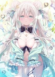1girl ame_usari armband bikini bikini_bottom bikini_top blush breasts breasts_out bun coat collar detached_collar frilled_armband frilled_bikini frilled_collar frills gray_hair highres medium_breasts nipples open_bikini open_bikini_top open_coat original sea silver_hair straight_hair tied_hair twin_buns twintails water wet wet_body wet_breasts white_hair