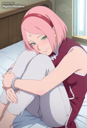 1girl ai_generated anime anime_style artist_name bed blush boruto boruto:_naruto_next_generations bracelet breasts closed_mouth facial_mark fanbox_username forehead_mark green_eyes hairband haruno_sakura hentai hi_res hugging_own_legs indoors jewelry looking_at_viewer medium_breasts mystic_maidens naruto naruto_(classic) naruto_(series) naruto_shippuden on_bed pants patreon patreon_username pink_hair red_hairband sakura_haruno short_hair sitting sleeveless smile solo white_pants