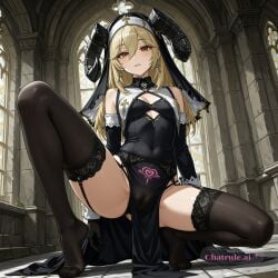 1girl ai_assisted ai_generated anime_coloring black_dress black_garter_belt black_garter_straps black_gloves black_horns black_panties black_thighhighs black_veil blonde_hair breast_curtains brown_eyes cleavage cleavage_cutout cleft_of_venus covered_navel cross_earrings cross_print curled_horns detached_sleeves detailed_vagina dynamic_angle dynamic_pose erect_nipples facing_viewer female_focus full_body glossy_lips habit horns latin_cross legs_spread nude nun panty_peek panty_straps pelvic_curtain pubic_tattoo shading shadows shaved_vagina side_slit small_breasts solo solo_female spreading_legs string_panties thick_nipples tiny_breasts underboob_cutout