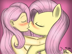 breasts closed_eyes eyelashes female female_only fluttershy_(eg) fluttershy_(mlp) french_kiss kiss kissing my_little_pony my_little_pony_equestria_girls my_little_pony_friendship_is_magic nude pink_hair pony simple_background tomtornados