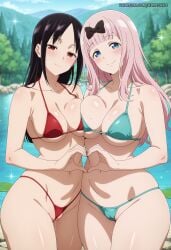 2girls ai_generated aimisaka aqua_bikini asymmetrical_docking bare_shoulders bikini black_bow black_hair blue_eyes blue_sky blunt_bangs blurry blurry_background blush bow breast_press breasts cameltoe closed_mouth collarbone cowboy_shot day fanbox_username fujiwara_chika green_bikini groin hair_bow heart heart_hands heart_hands_duo kaguya-sama_wa_kokurasetai_~tensai-tachi_no_renai_zunousen~ lake large_breasts long_hair looking_at_viewer micro_bikini multiple_girls navel outdoors parted_bangs partially_visible_vulva patreon_url patreon_username pink_hair pussy_juice red_bikini red_eyes ribbon shinomiya_kaguya sidelocks skindentation sky smile sparkle standing stomach straight_hair swimsuit thighs tree uncensored water watermark web_address
