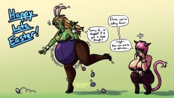 2girls annoyed belly belly_expansion big_belly bunny_costume bunny_ears bunnysuit easter egg egg_laying female female_only huge_belly oc pressurizedpleasure ready_to_pop stomach_noises stuffed stuffed_belly