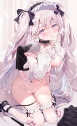1girl ame_usari blush bottomless breasts breasts_out cameltoe clothed collar cum cum_on_face cum_on_hair cum_on_head earrings frilled_skirt frilled_thighhighs frills gray_hair hair_ornament hair_ribbon hairband heavy_breathing highres kneeling nipples on_floor open_clothes open_shirt original pussy pussy_juice sailor_uniform school_bag school_uniform shirt shoes silver_hair skirt small_breasts straight_hair thigh_strap thighhighs tied_hair twintails uncensored unworn_skirt wet wet_pussy white_hair