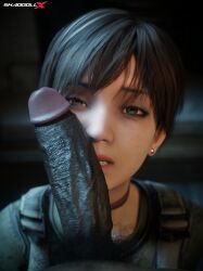 1boy 1girls 3d 3d_(artwork) 3d_model 3d_render 3dcg absurd_res absurdres big_penis blue_eyes brown_hair capcom cock cock_worship high_quality high_resolution highres interracial penis penis_awe penis_on_face rebecca_chambers resident_evil resident_evil_0 shaddoll_x short_hair tomboy too_big