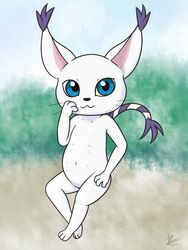 2016 anthro blue_eyes digimon feline female fur gatomon looking_at_viewer mammal multi_nipple nipples nude pussy solo white_fur zekromlover