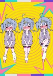 1girl 1girls ahoge bandaid bandaid_on_knee bangs blue_hair blunt_bangs blush blush_lines clenched_teeth closed_eyes controller embarrassed female female_focus female_only fully_clothed hatsune_miku multicolored_background multiple_poses multiple_vibrators nose_blush pulling_shirt_down purple_jacket remote_control remote_control_vibrator sex_toy shirt telepathy_(vocaloid) twintails vibrator vibrator_cord vibrator_in_pussy vibrator_under_clothes vocaloid wombatvxww2553 yellow_background