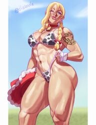 1girls abs alternate_version_available big_breasts bikini bikini_bottom bikini_top blonde_hair bottomwear braid braided_hair breasts cleavage collar cow_print cow_print_bikini cowbell cowboy_hat dlusional ear_piercing earrings female female_only gloves hair handwear hat_removed hips kitt_(pokemon) lips neckwear one_eye_closed pokemon pokemon_champions smile solo solo_female swimwear thick_lips thick_thighs thighs topwear wide_hips