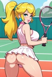 1girls ai_generated ass blonde_hair large_breasts looking_at_viewer naughty_face pose princess_peach pussy tennis tennis_racket tennis_uniform upskirt