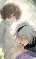 1femboy 2boys 2d 2d_(artwork) age_difference ai_generated alternate_version_at_source alternate_version_available armor armored_male balls blouse blowjob blush boy brown_hair button_down_shirt button_up clothed emil_(nier) erect_penis erection eyelashes fellatio fellatio_face forest forest_background grass hair_between_eyes hair_ornament hairband hi_res high_resolution highres human licking_penis light-skinned_male light_brown_hair long_eyelashes looking_away male male/male male_only muscular_male nier nier_(character) nier_(series) nier_replicant older_male older_male_younger_male only_male open_fly otoko_no_ko otokonoko outside pants_down pants_open pants_pull partially_clothed purple_eyes shy shy_expression size_difference small_penis smaller_male standing sucking_off sucking_penis sucking_tip tiny_penis visible_breath wavy_hair white_eyelashes white_hair white_shirt yaoi younger_male