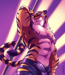 abs anthro areola armpits biceps bulge catsudon clothed clothing disney feline fur looking_at_viewer male male_only mammal muscles navel nipples pecs shorts smile solo stripper_pole tagme tiger tiger_dancer_(zootopia) zootopia