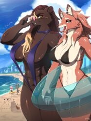 2026 2girls abs anthro areola_slip beach big_breasts bikini black_fur black_hair blonde_highlights blue_eyes brown_fur brown_hair canid canine canis countershading darakafox detailed_background felid female female_only fit fit_female fur furry galiena_(baelfire117) highlights_(coloring) long_hair looking_at_viewer mammal open_mouth pantherine prehistoric_species round_sunglasses saber-toothed_tiger seaside sling_bikini smiling smiling_at_viewer sunglasses tamara_(baelfire117) tamara_(castbound) thick_thighs toned toned_female very_high_resolution white_countershading wolf yellow_eyes
