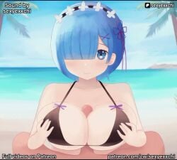 1boy 2girls animated animation beach big_breasts bikini black_bra blue_eyes blue_hair boo boobjob bra breasts closed_eyes cum cum_on_breasts cumming dick erect_penis erection female_masturbation femdom horn laugh laughing masturbation nude penis purple_eyes purple_hair re:zero_kara_hajimeru_isekai_seikatsu rem_(re:zero) sexyexxchi shion_(tensei_shitara_slime_datta_ken) short_hair sky smile sound tagme tensei_shitara_slime_datta_ken titjob video