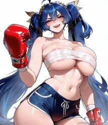 1girls ahoge ai_generated areola_slip bandages bangs bare_shoulders blue_eyes blue_hair blue_shorts blush boxing_gloves breasts chest_sarashi cleavage collarbone cowboy_shot dolphin_shorts hair_between_eyes hair_ornament iuno_(wuthering_waves) large_breasts long_hair looking_at_viewer navel open_mouth sakaro sarashi short_shorts shorts simple_background smile solo sweat teeth thighs twintails very_long_hair white_background wuthering_waves