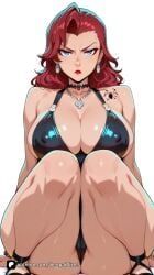 1girl ai_generated artist_name ass bare_shoulders bikini black_bikini black_widow_(aquatic_assassin) black_widow_(marvel) black_widow_(marvel_rivals) blue_eyes breasts cameltoe choker cleavage covered_nipples earrings jewelry large_breasts lipstick looking_at_viewer makeup marvel marvel_comics marvel_rivals medium_hair natasha_romanoff necklace patreon questionable red_hair red_lips sandals scarlett_johansson senpai_pixels simple_background solo squatting swimsuit tattoo thighs white_background
