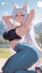 1girl 1girls absurd_res absurdres ai_generated animal_ear_fluff animal_ears armpits arms_behind_head arms_up ass azur_lane bare_shoulders big_ass big_breasts black_sports_bra blue_eyes blue_pants blue_sky blurred_background blurry blurry_background blush breasts cartoon cartoony cat_ears cleavage closed_mouth cloud crop_top day depth_of_field fang female female_focus fox_ears from_side hair_between_eyes half-closed_eyes hi_res high-waist_pants high_quality high_resolution highres kneeling large_ass large_breasts long_hair looking_at_viewer midriff navel odexai outdoors pants shinano_(azur_lane) shiny_skin shoes sideboob sky small_waist smile sneakers solo solo_focus sports_bra stomach straight sun sweat thick_thighs thighs thin_waist tight_clothes tight_pants very_long_hair white_hair wide_hips yoga_pants