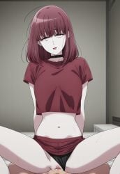 ai_generated choker cowgirl_position cum medium_breasts orgasm_face red_body red_hair sex skinny super_no_ura_de_yani_suu_futari tayama_(super_no_ura_de_yani_suu_futari) vaginal_penetration