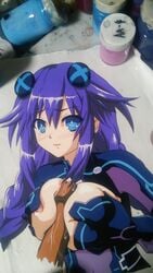 blue_eyes blush braid breasts cleavage dark-skinned_male female hair_ornament hasamimushi highres long_hair looking_at_viewer neptune_(neptunia) neptunia_(series) nipples paizuri photo_(medium) purple_hair purple_heart_(neptunia) solo symbol-shaped_pupils tears tied_hair traditional_media twin_braids very_long_hair