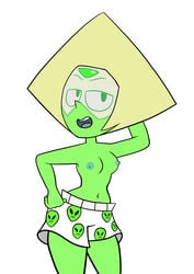 1girls alien alien_girl boxer_shorts boxers_(clothing) breasts cloktowur clothing female female_only gem_(species) green_skin hand_on_hip male_underwear nipples official_style open_mouth peridot_(steven_universe) pose shorts solo steven_universe tagme topless underwear visor white_background yellow_hair