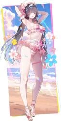 1girls armpits arms_up beach black_hair chisa_(wuthering_waves) female long_hair medium_breasts official_alternate_costume pink_swimsuit red_eyes see-through_clothing see-through_swimsuit swimsuit wuthering_waves