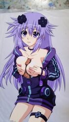 absurdres adult_neptune blush breasts d-pad female hair_ornament hasamimushi highres hood hooded_track_jacket jacket long_hair looking_at_viewer neptunia_(series) paizuri penis photo_(medium) purple_eyes purple_hair solo tears track_jacket traditional_media