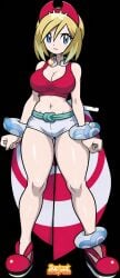 1girls ankle_cuffs artist_logo artist_name belly big_breasts blonde_hair blue_eyes edit edited_official_artwork female_only hair_ornament irida_(pokemon) official_art pokemon pokemon_legends:_arceus shorts wrist_cuffs